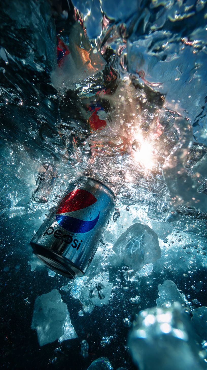 A Pepsi can floating in cold water from an underwater view