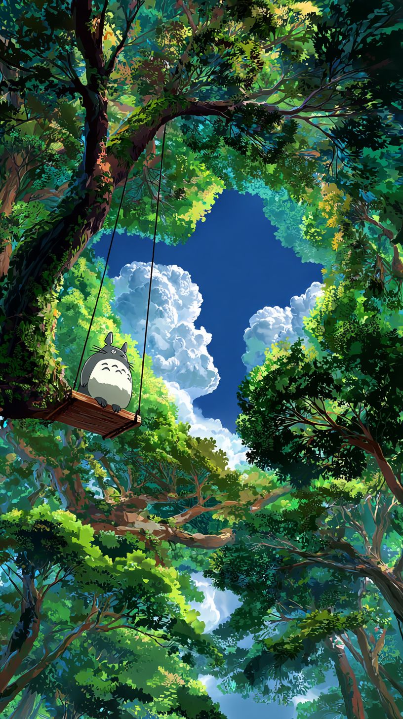 A white Totoro sits on a swing hanging from a branch surrounded by lush green trees