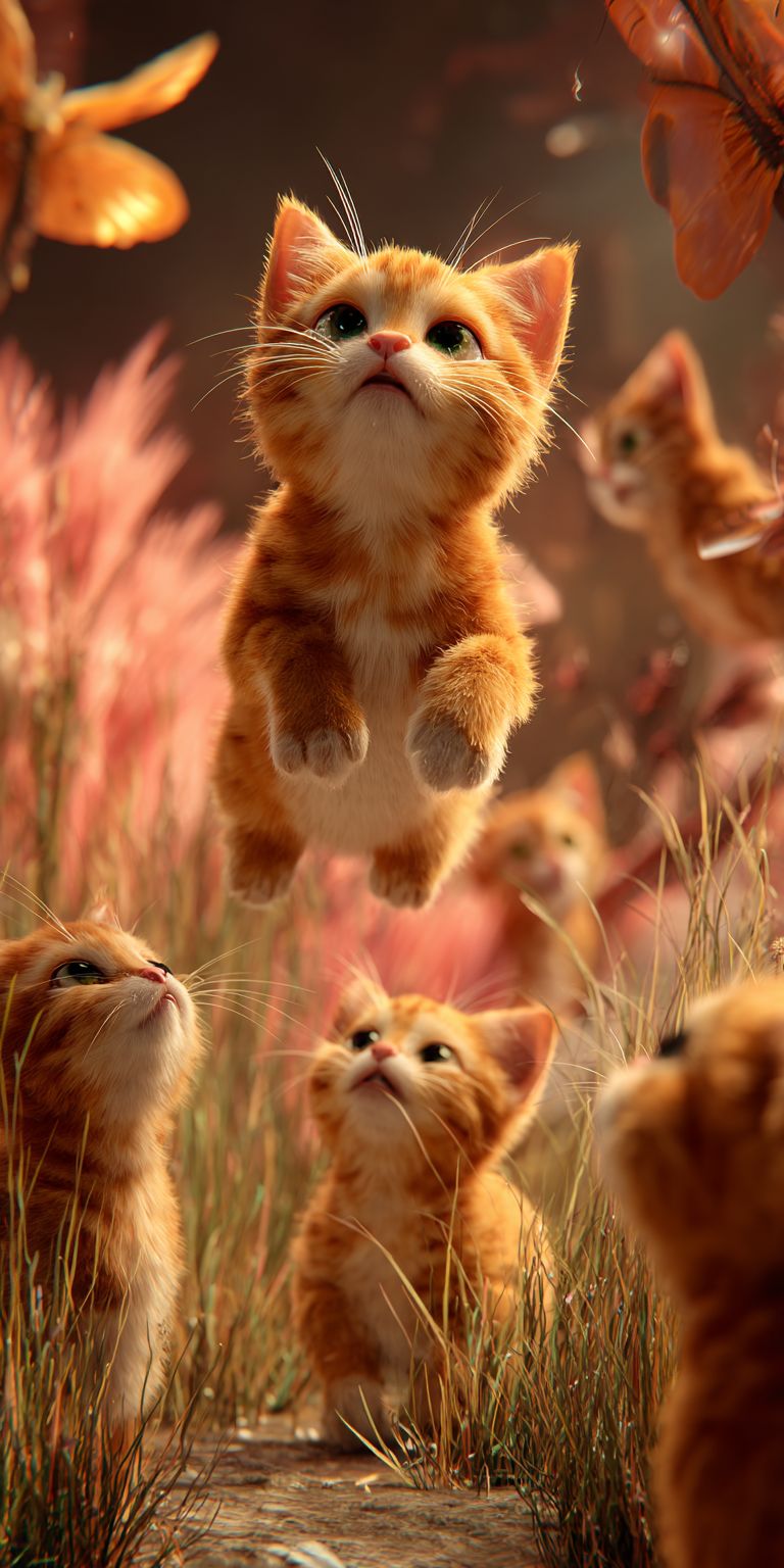 A cute little orange cat is floating in the air, surrounded by three other orange kittens looking up at it curiously