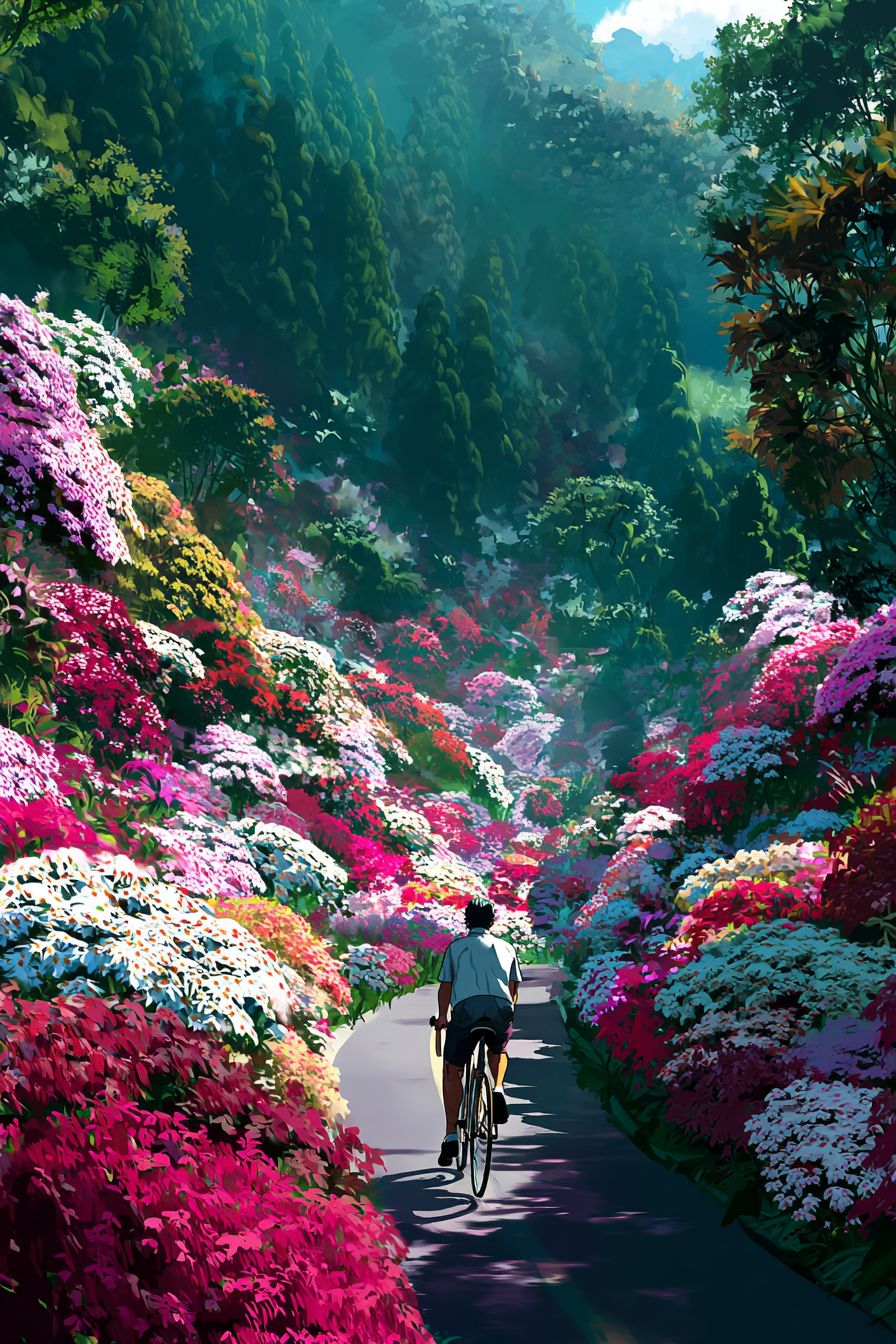 A man riding his bicycle on a road lined with numerous white and pink flowers, set against a deep green forest with a light mist enhancing the bright vivid scene