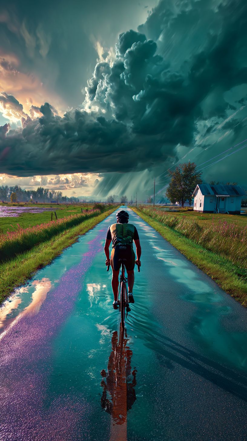 A cyclist riding on a wet asphalt road with vibrant grass fields and a traditional house in the distance