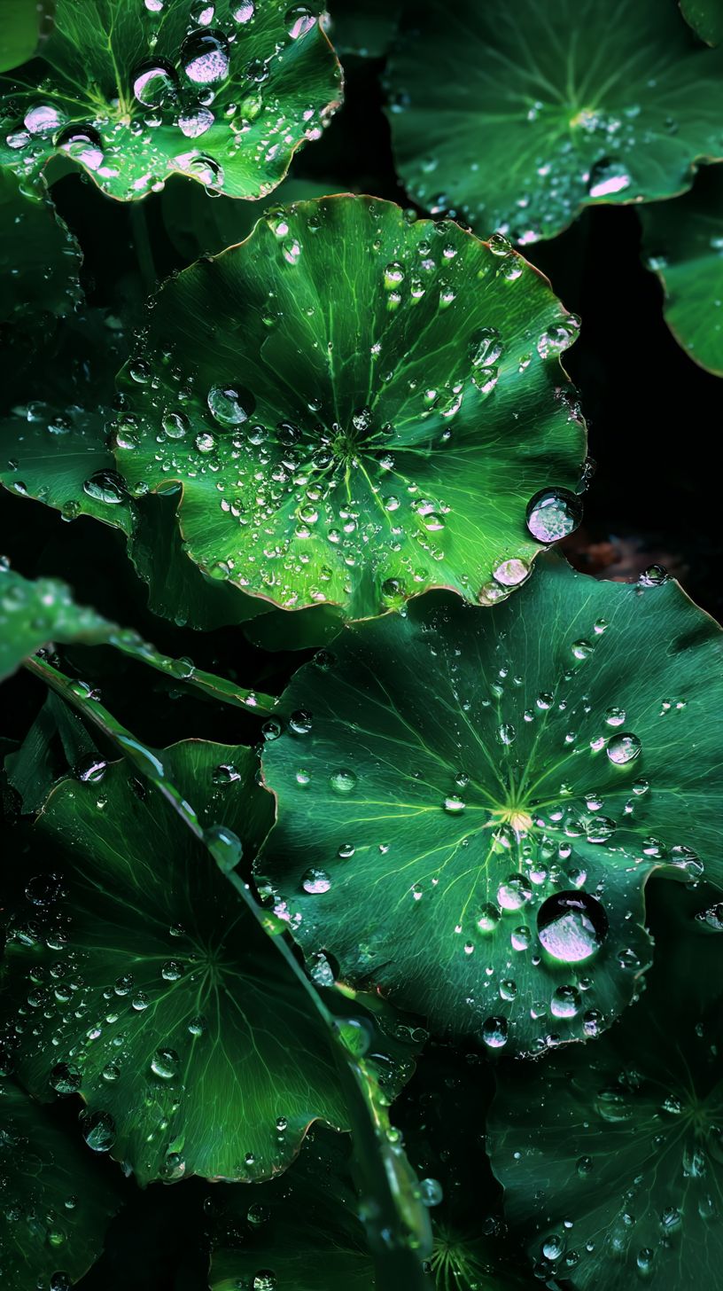 A close-up of green centella asiatica leaves with water drops for a mobile phone wallpaper