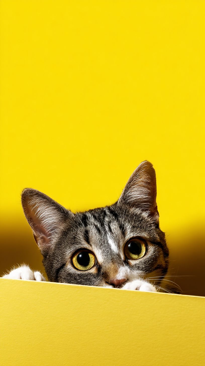 An adorable cat peeking over the edge in a cute pose on a solid yellow background