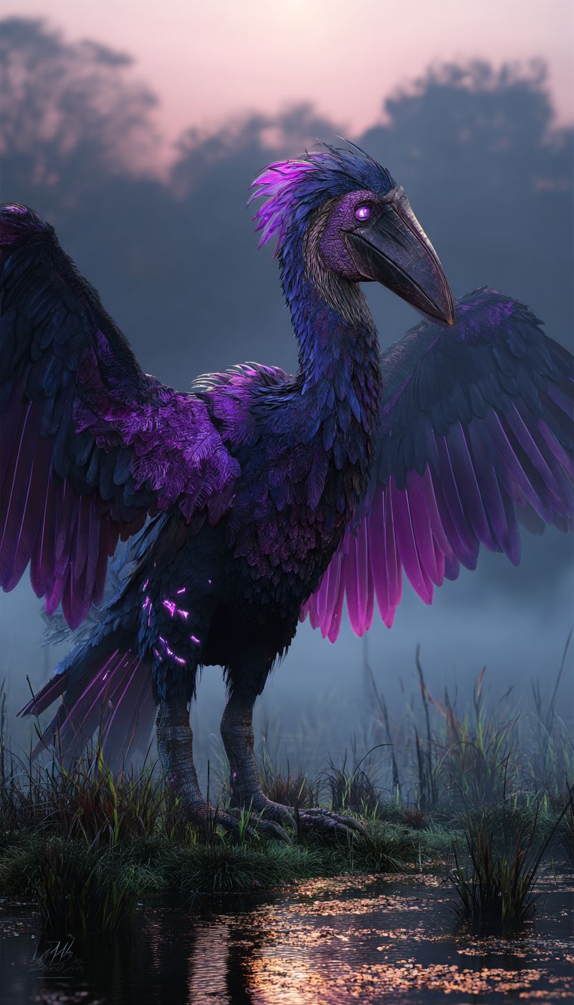 A majestic purple Picozapato rex standing in a misty swamp