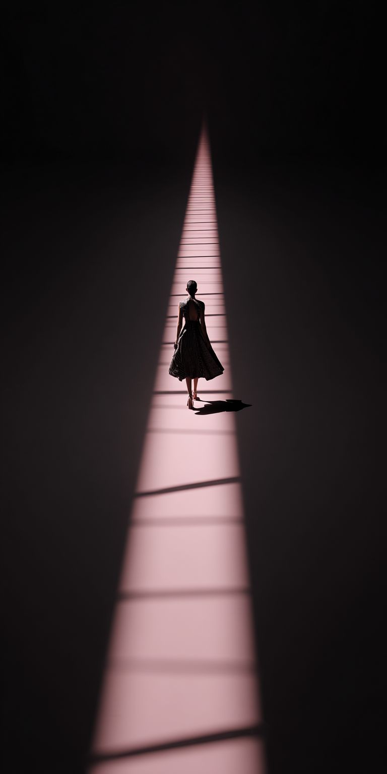 A confident woman walks on a line of light pink footsteps