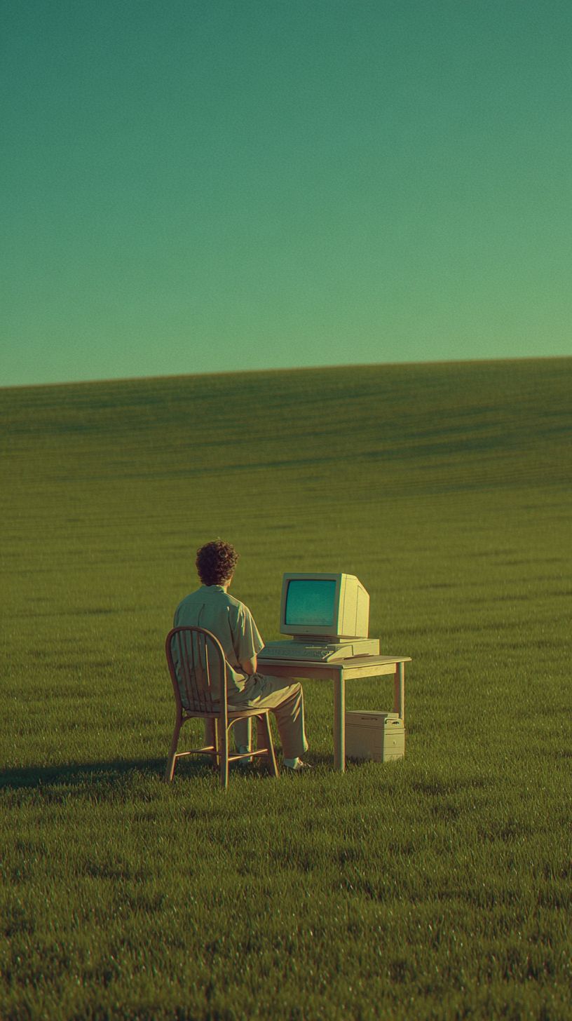 A solitary man sits at a small wooden desk in an endless green field
