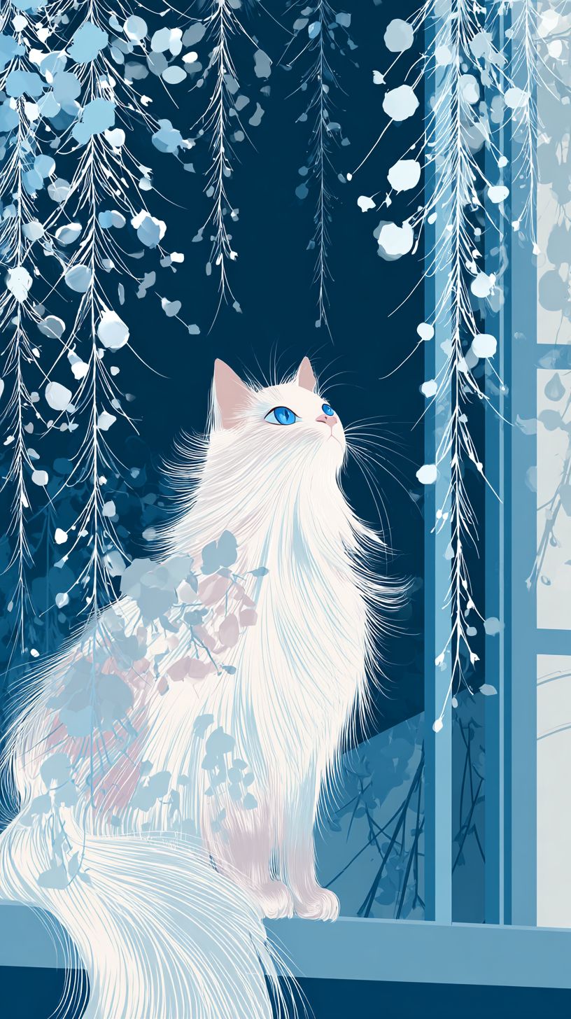 An elegant long-haired cat with white fur and three-color spots is gazing outside with bright blue eyes