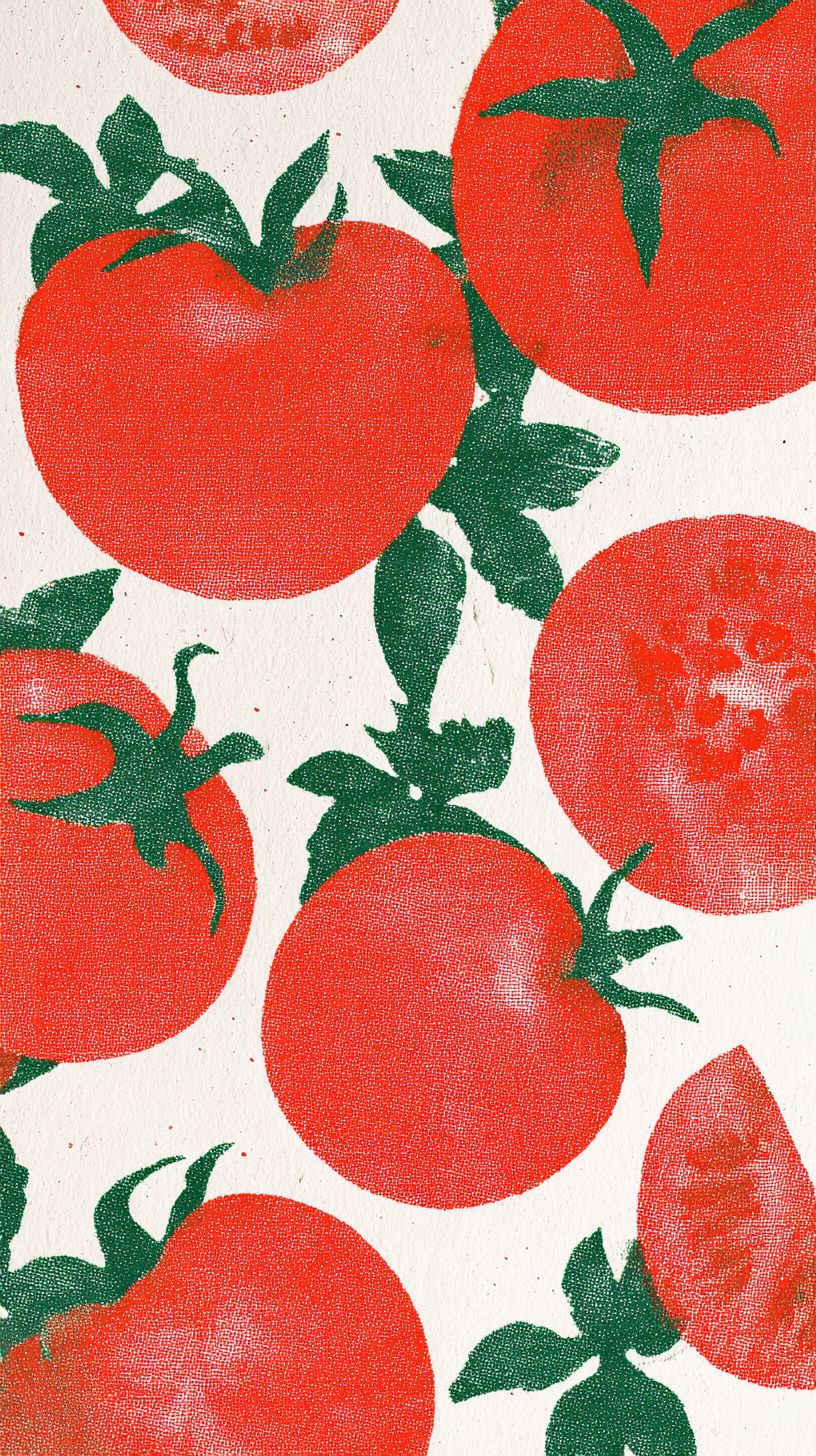 Vivid red tomatoes arranged with simple green leaves showcasing slices and whole tomatoes