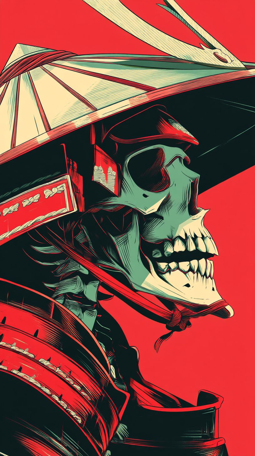 An illustration of a skeleton samurai warrior inspired by Japanese anime art