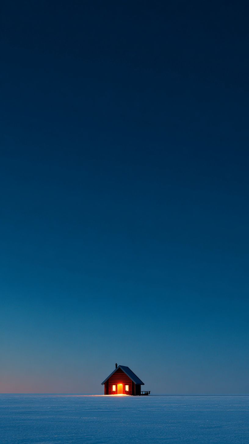 A minimalist phone wallpaper features a small wooden cabin contrasting with a cold blue sky