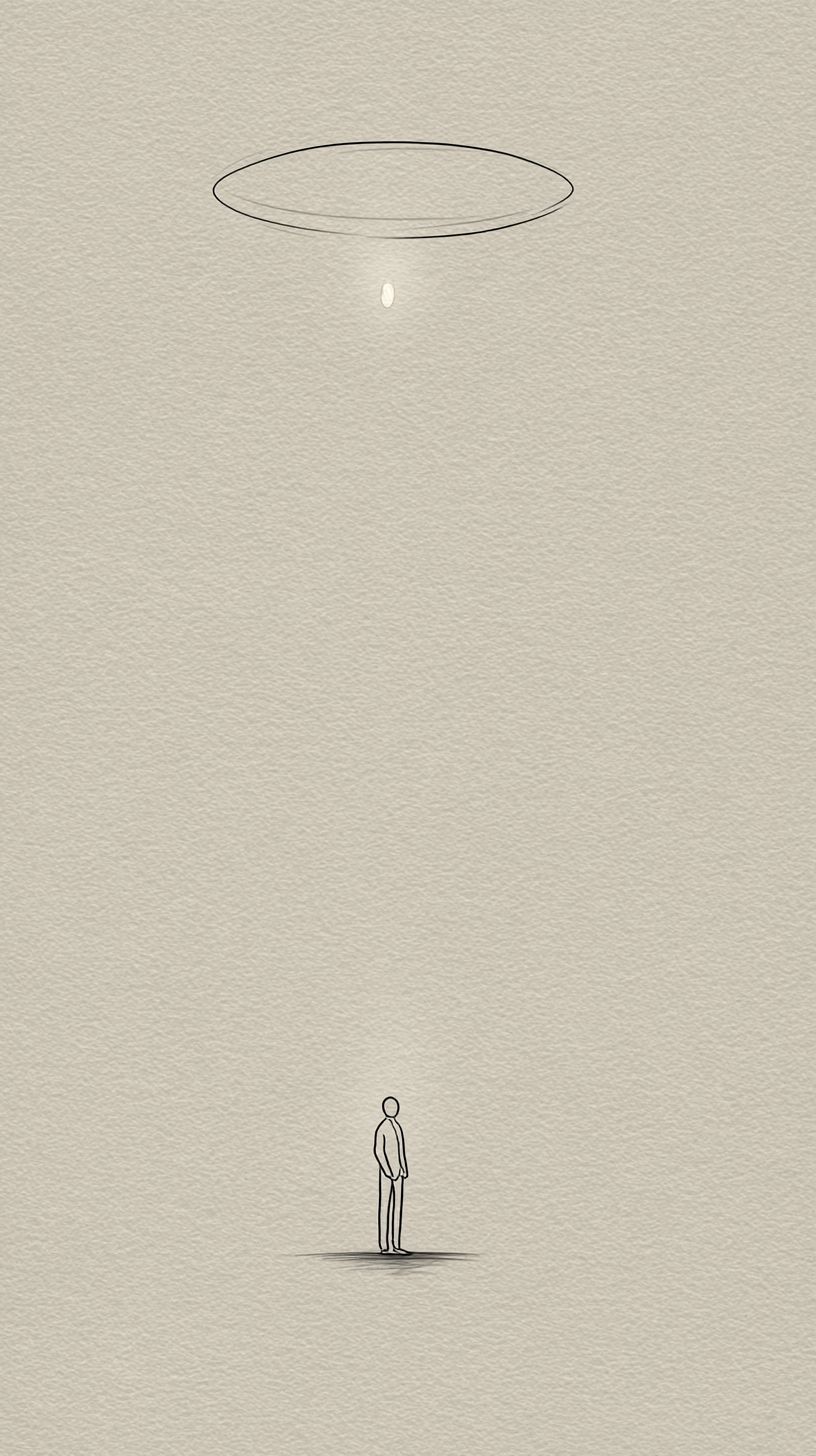 Minimalist line drawing of a tiny human silhouette under a small glowing circle in a vast empty background
