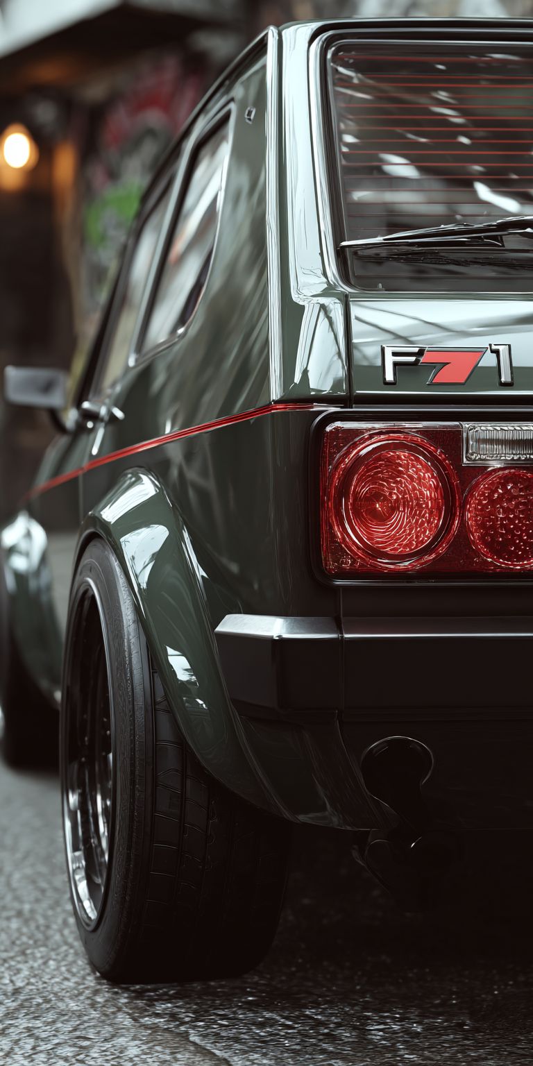 The rear of the Fiat 147 is detailed against a blurred city background