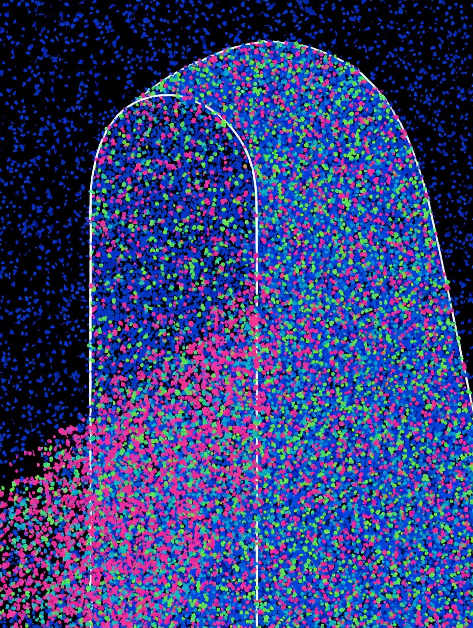 A bold white outline of a hooded figure on a black background with colorful flowers bursting from the opening