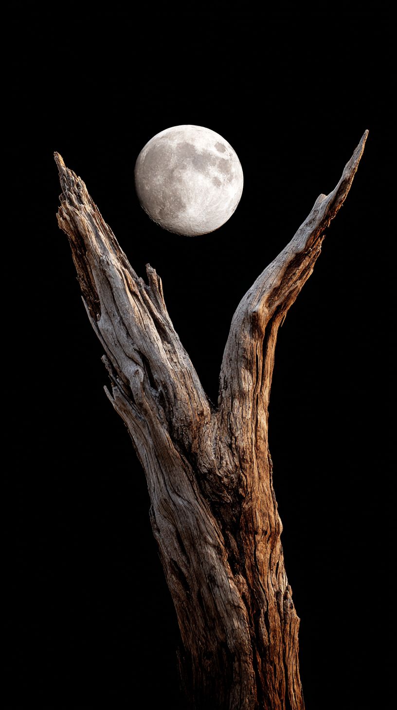 A minimalist photograph of a dead tree with the moon