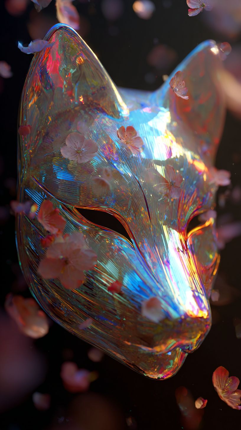 これは伝統的な日本の狐のマスクで、ホログラフィックガラスで作られており、未来と伝統の融合を示しています