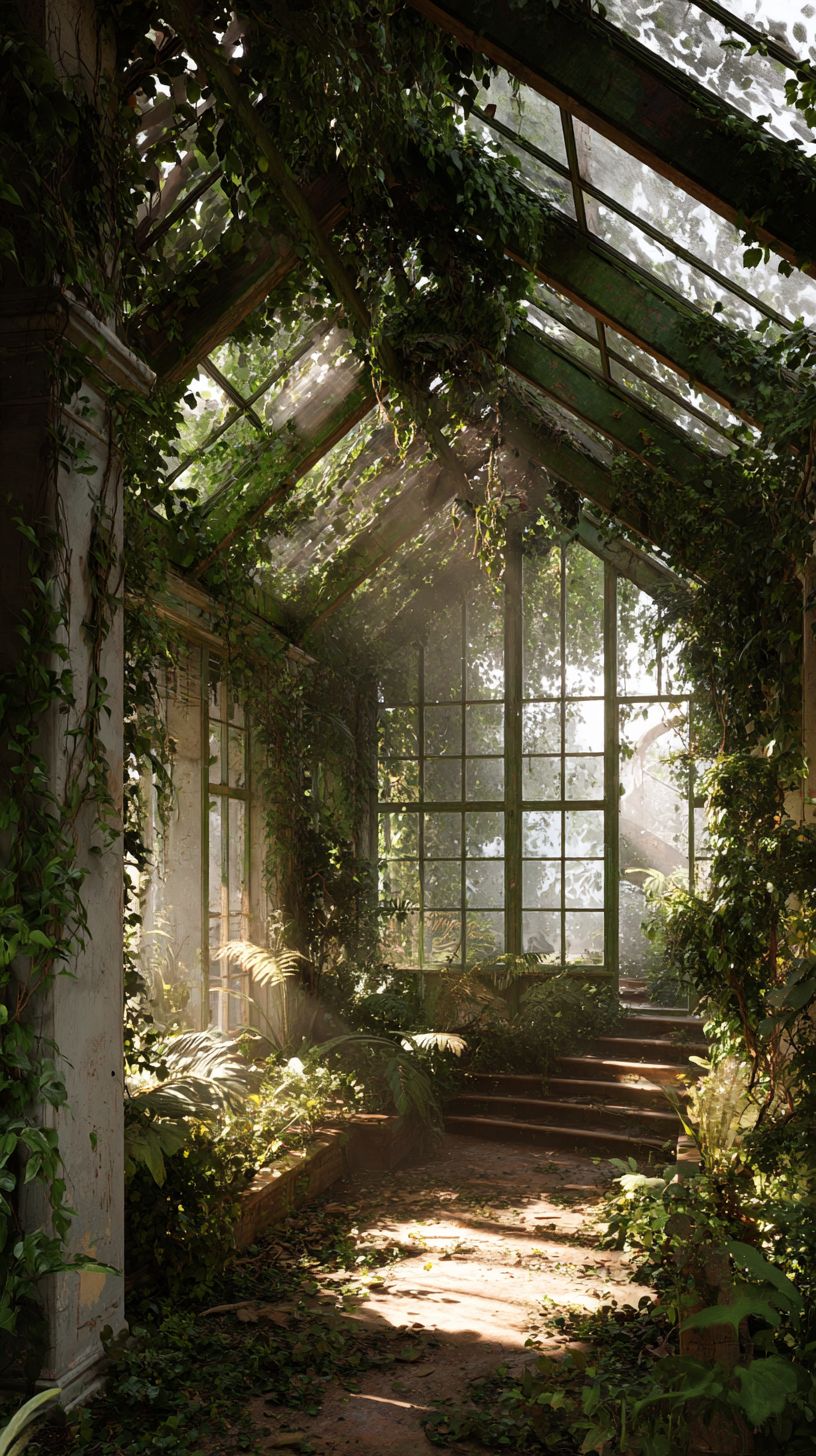 被遗弃的维多利亚温室被爬藤植物覆盖，阳光透过玻璃天花板洒下