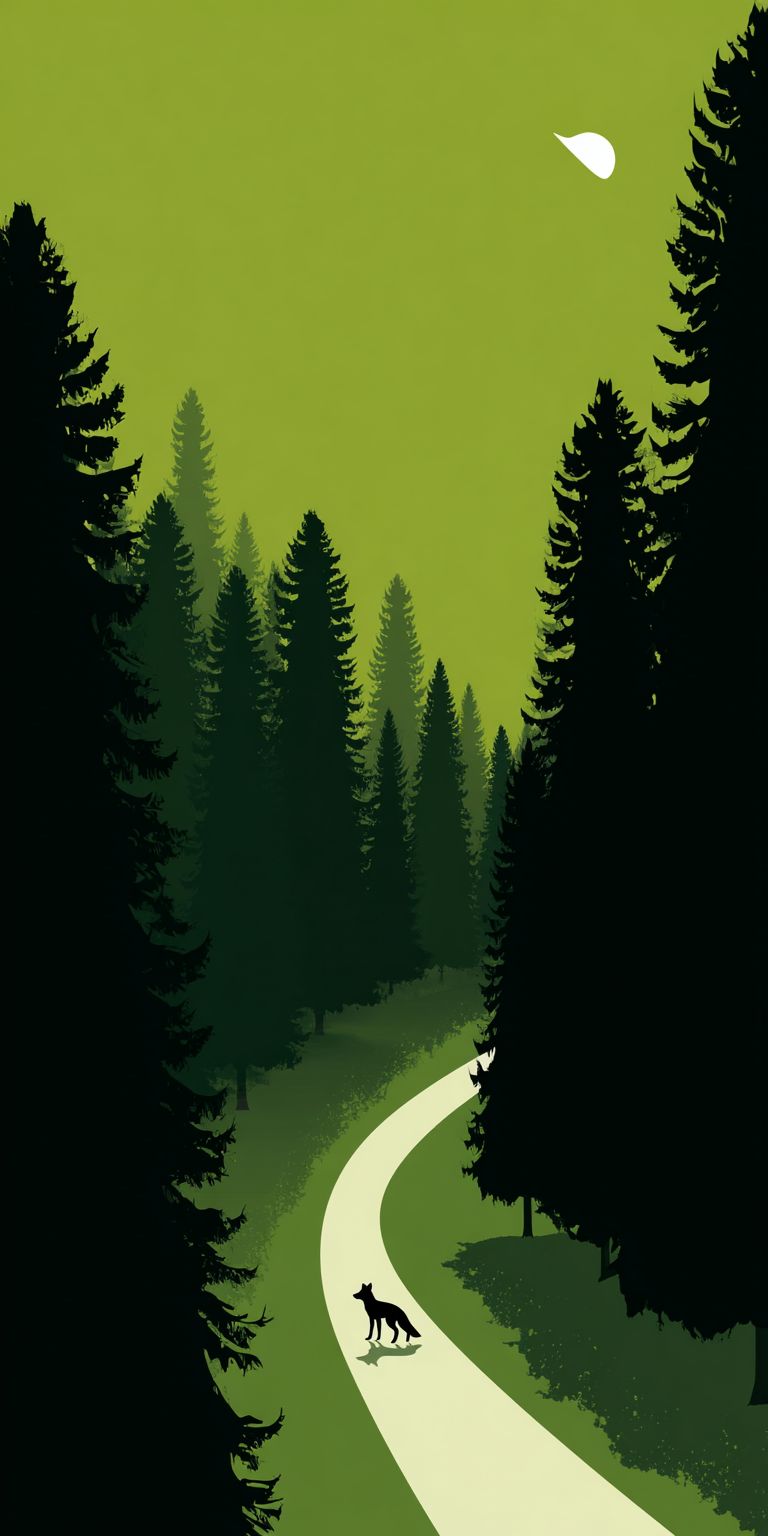 A minimalist illustration of an endless green forest with black trees and a white path where a fox walks under a half moon