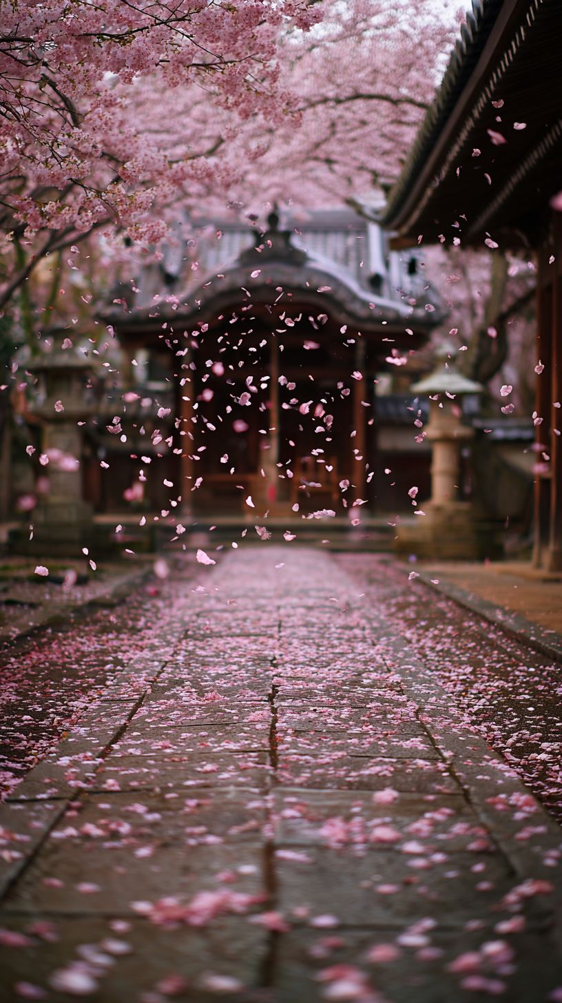 櫻花飄落的日本寺廟小路充滿寧靜氣息