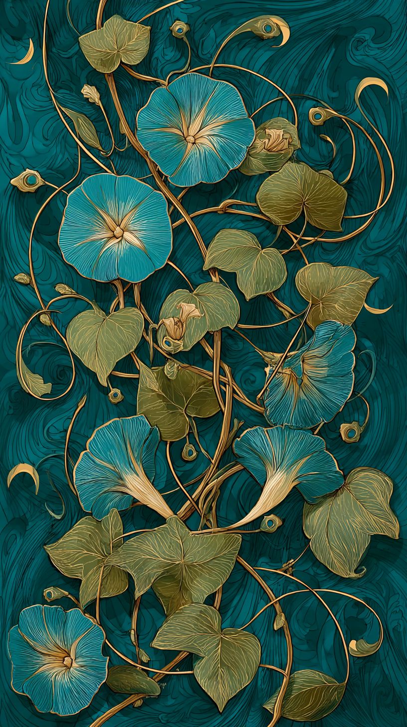 نمط نباتي أنيق في أسلوب الفن الجديد يضم زهور الصباح وريش الطاووس على طراز ألفونس موكا