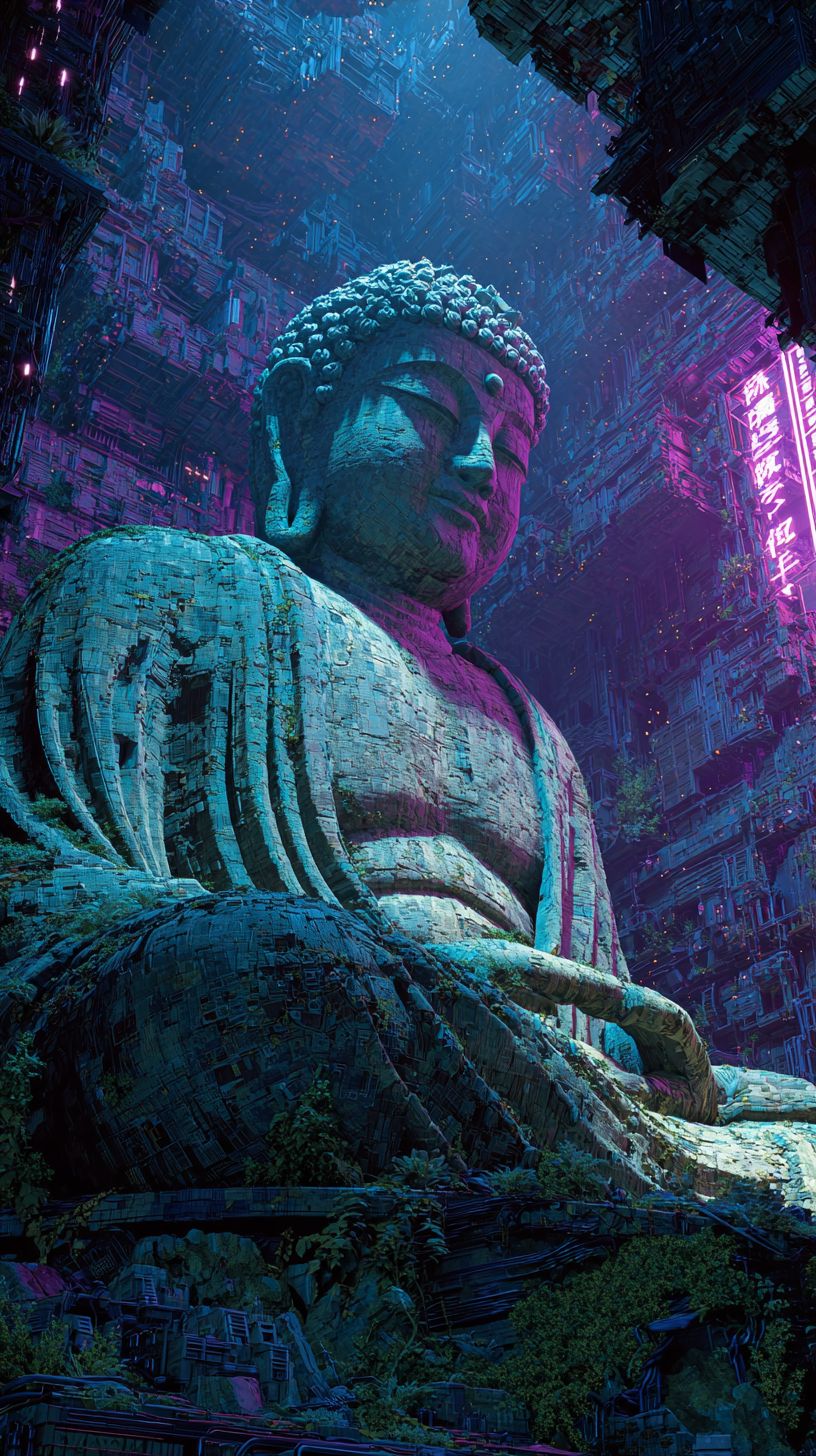 Una enorme estatua de Buda parcialmente consumida por una ciudad iluminada por neón