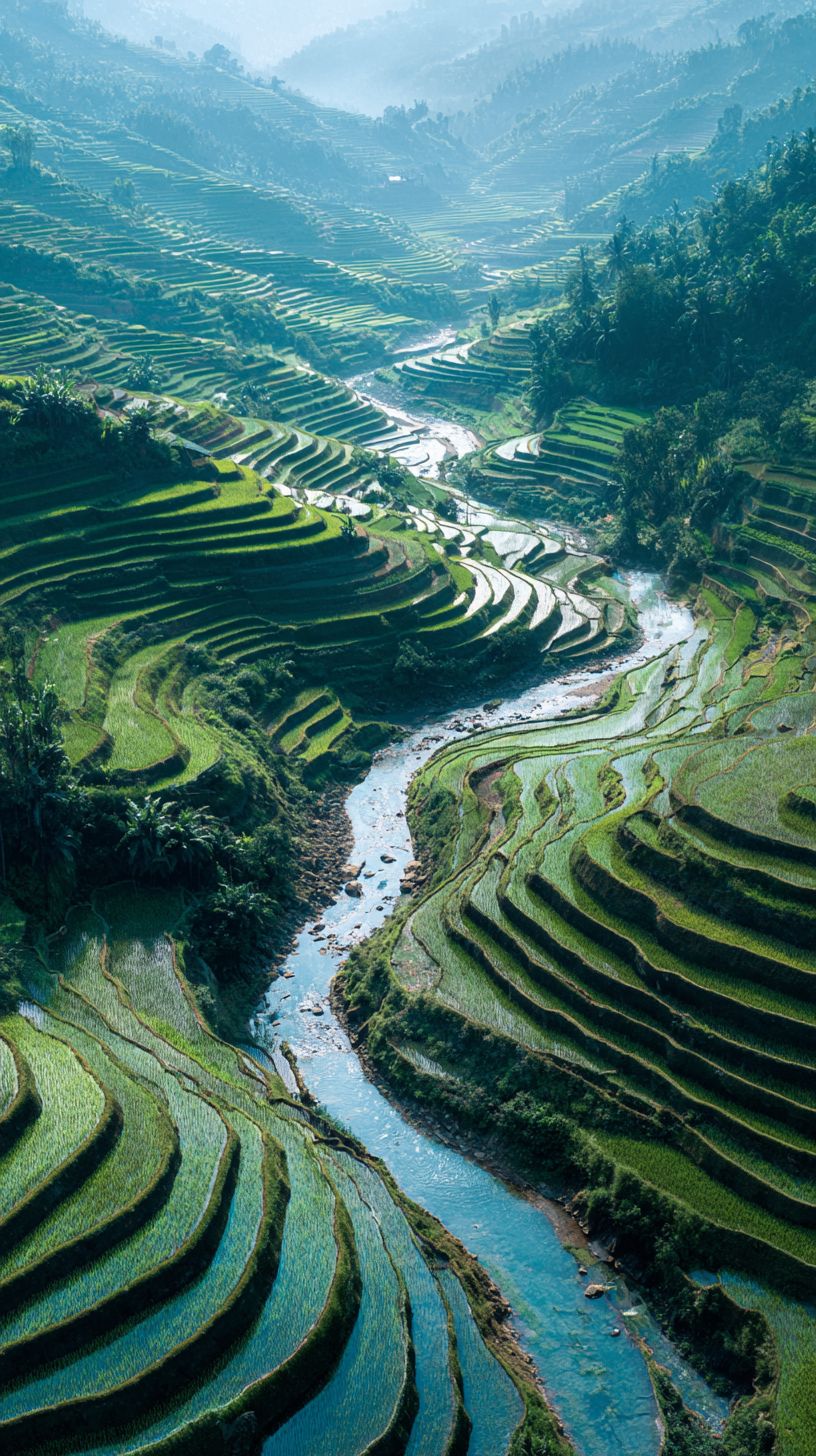 Vista aérea das terras de arroz no Vietnã ou nas Filipinas refletindo o céu