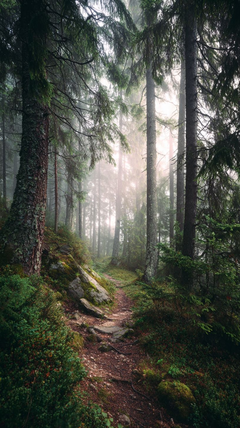 A foggy forest path leading into a dense pine forest