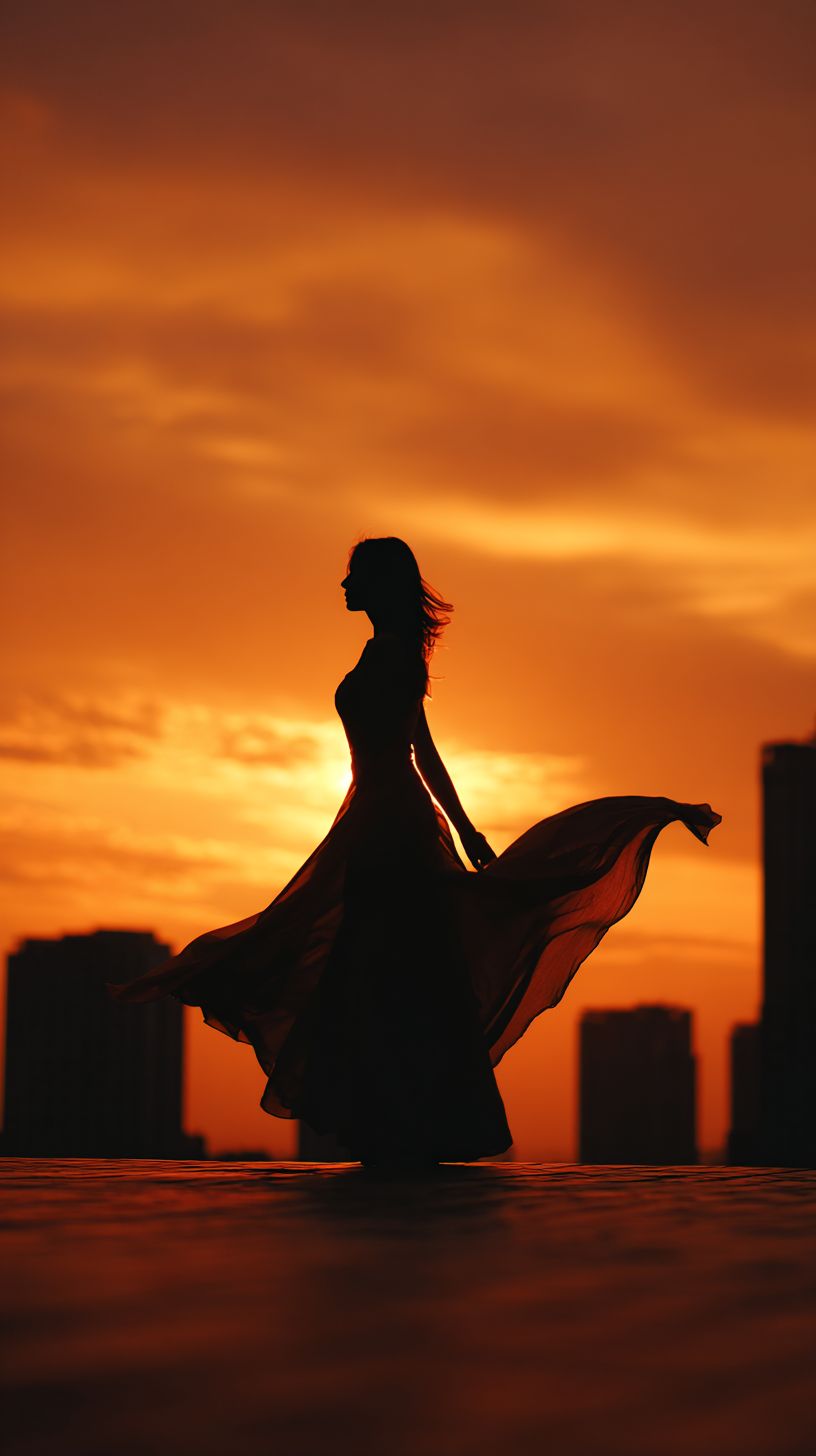 Une danseuse en robe fluide en silhouette sur le toit d'une ville contre un ciel de coucher de soleil orange profond