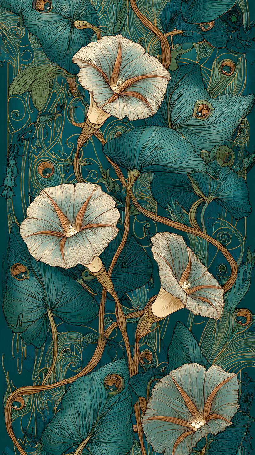 Elegant botanical vines with morning glory flowers and peacock feathers in Alphonse Mucha style