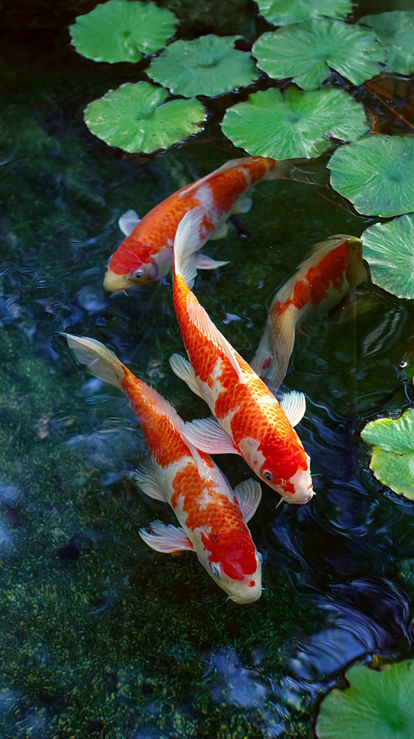 Orange and white koi fish swimming in clear water