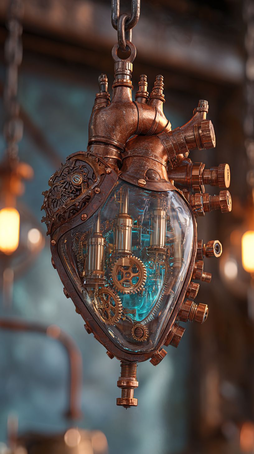 Ein kompliziertes mechanisches Herz aus Messing- und Kupferzahnrädern schwebt in einer Werkstatt