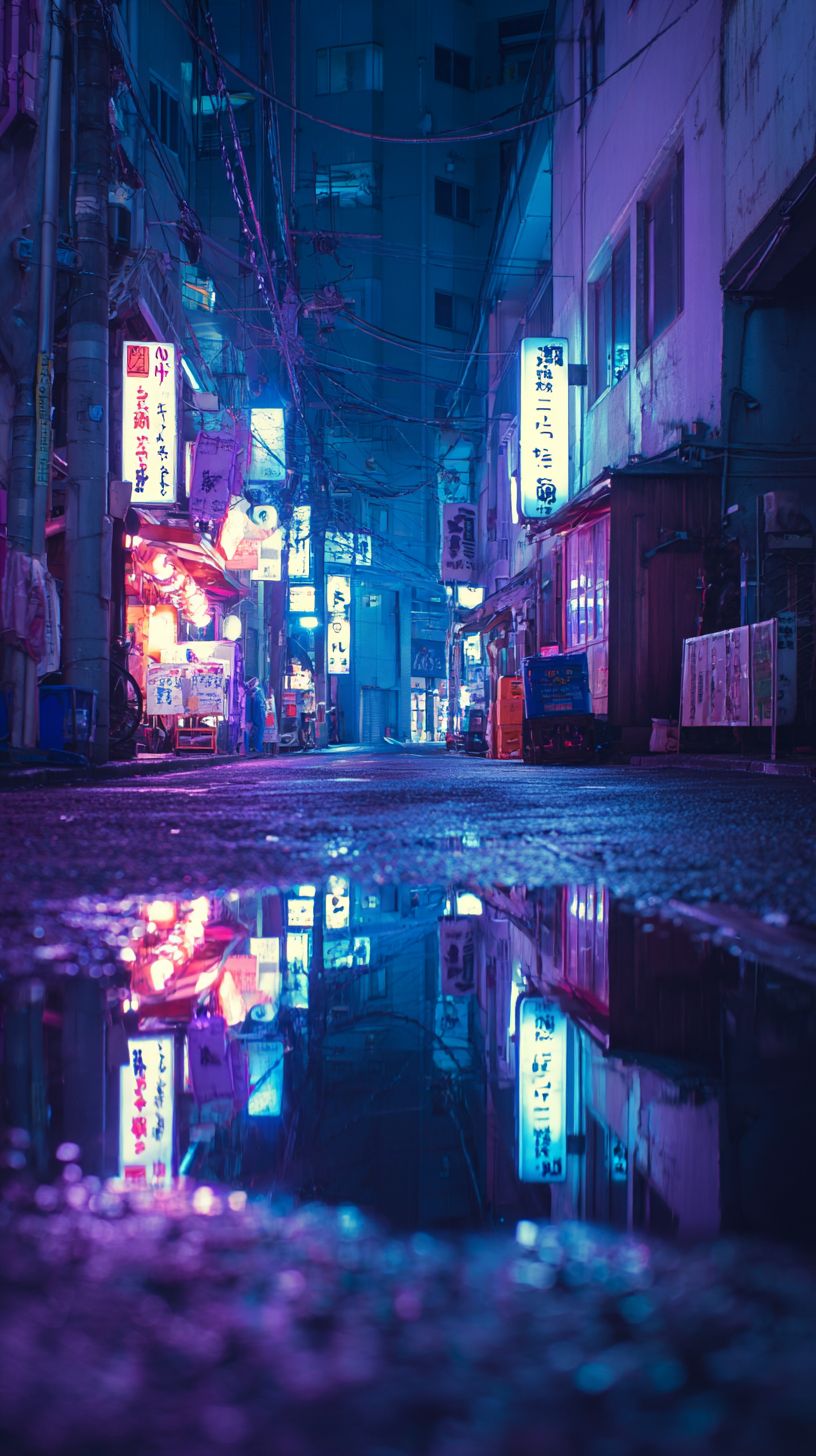 東京夜晚的霓虹城市反射，濕潤的地面映射出霓虹燈光