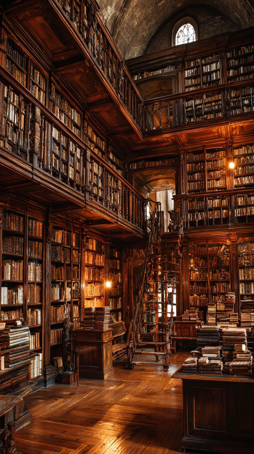 Ancient library interior with towering wooden bookshelves and rolling ladders