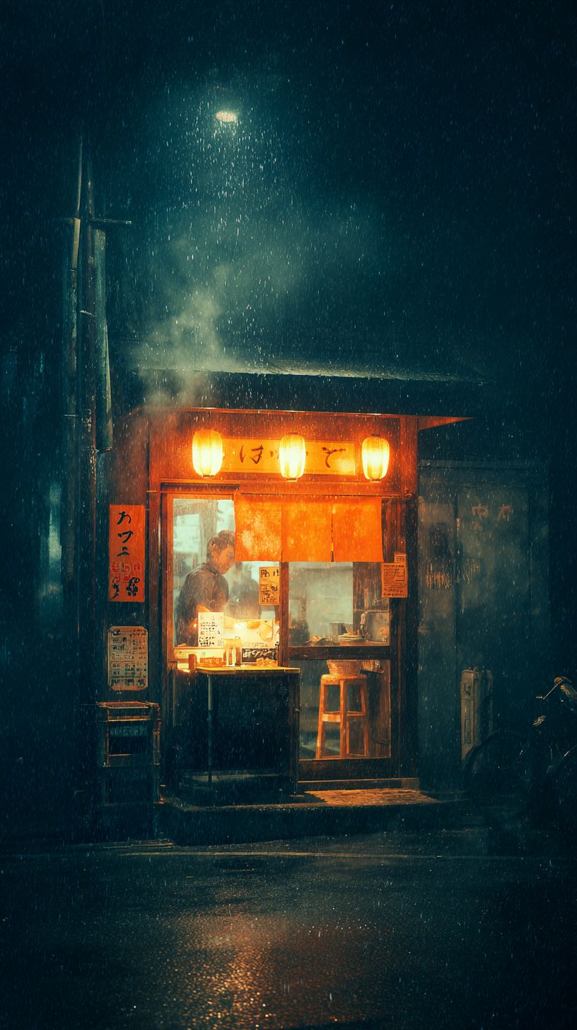 Ein Ramen-Laden um Mitternacht strahlt warmes oranges Licht aus