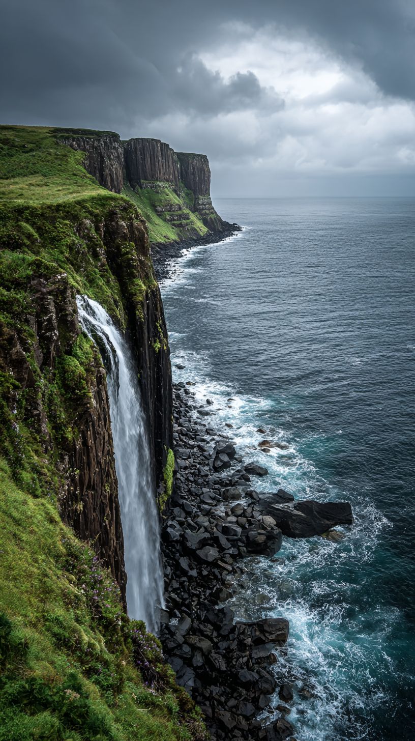 Dramatic coastal cliff with waterfall cascading into the ocean