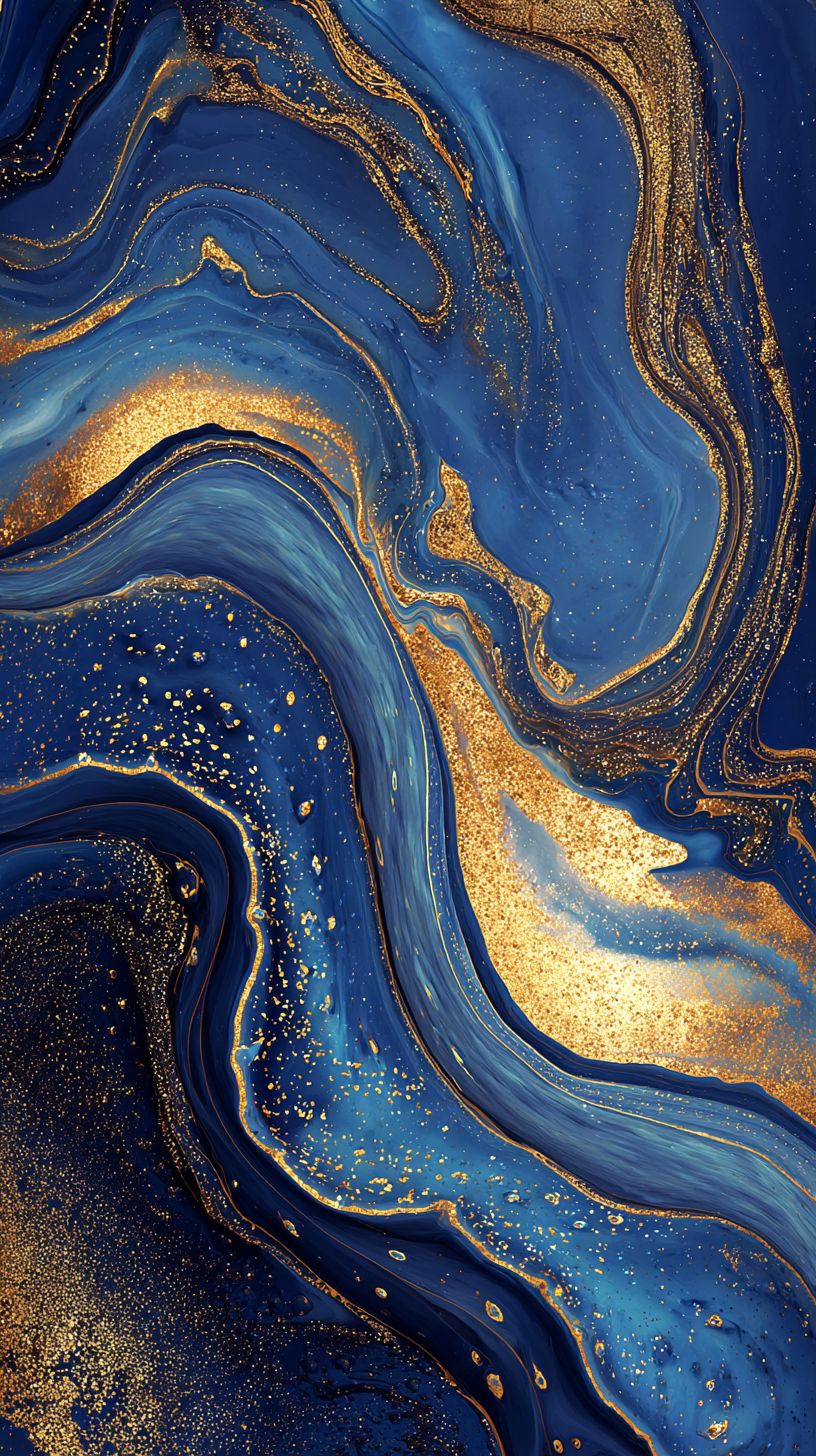 Giros metálicos dourados e cobre sobre fundo azul profundo na arte fluida