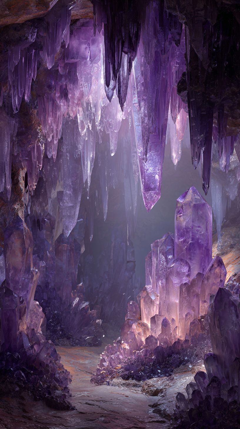 O interior da caverna de cristal está cheio de enormes cristais de ametista que emitem um brilho roxo, com estalactites criando uma atmosfera misteriosa e mágica