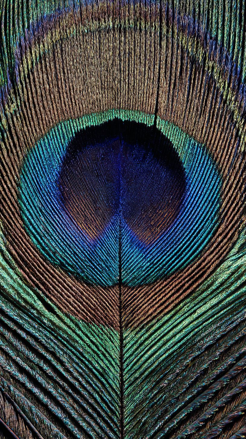 Macro extremo de la pluma del ojo del pavo real con patrones simétricos iridiscentes en azules y verdes