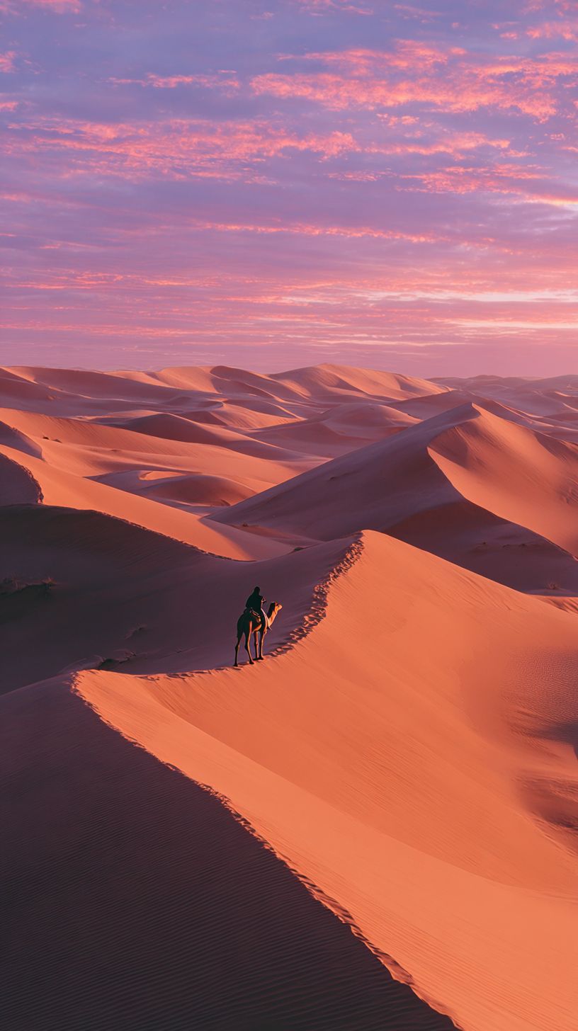 Dunes du Sahara au crépuscule avec la silhouette d'un chameau solitaire