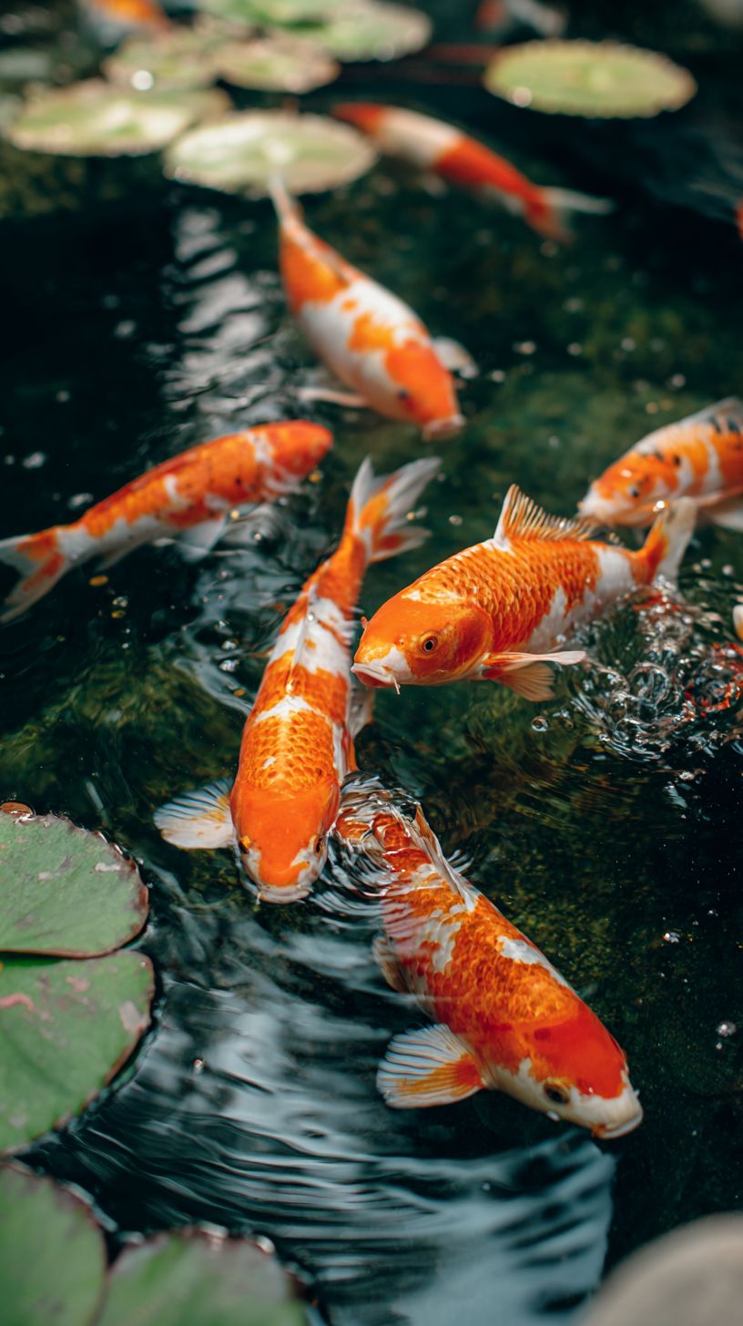 清水中的橙白色錦鯉與荷葉和水波形成的禪意花園景觀