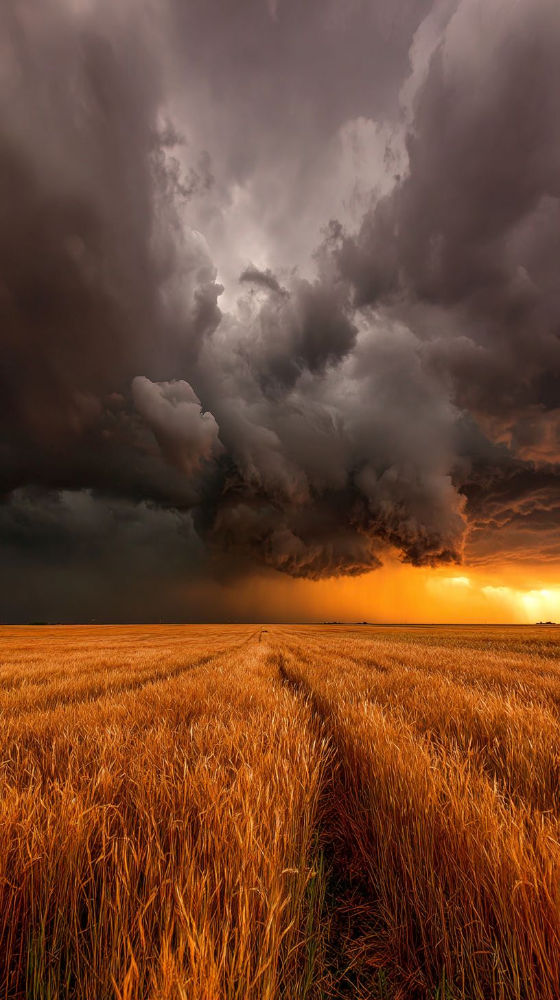 Dramatic supercell thunderstorm over golden wheat field