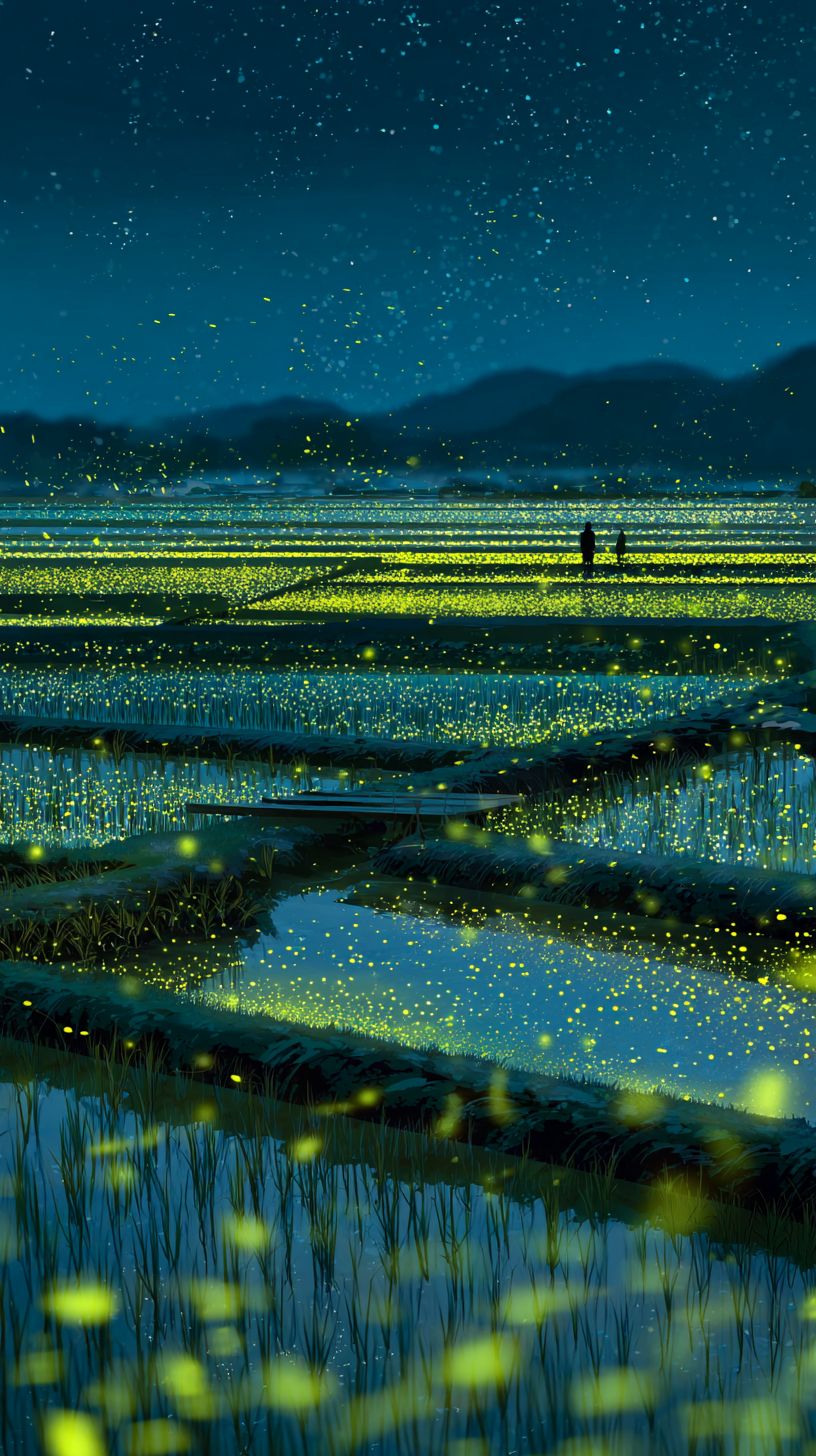 Thousands of fireflies glow over rice paddies on a summer night