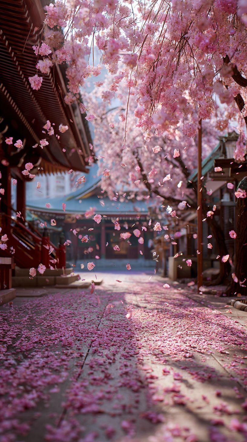日本の寺院の小道に舞い落ちる桜の花びら