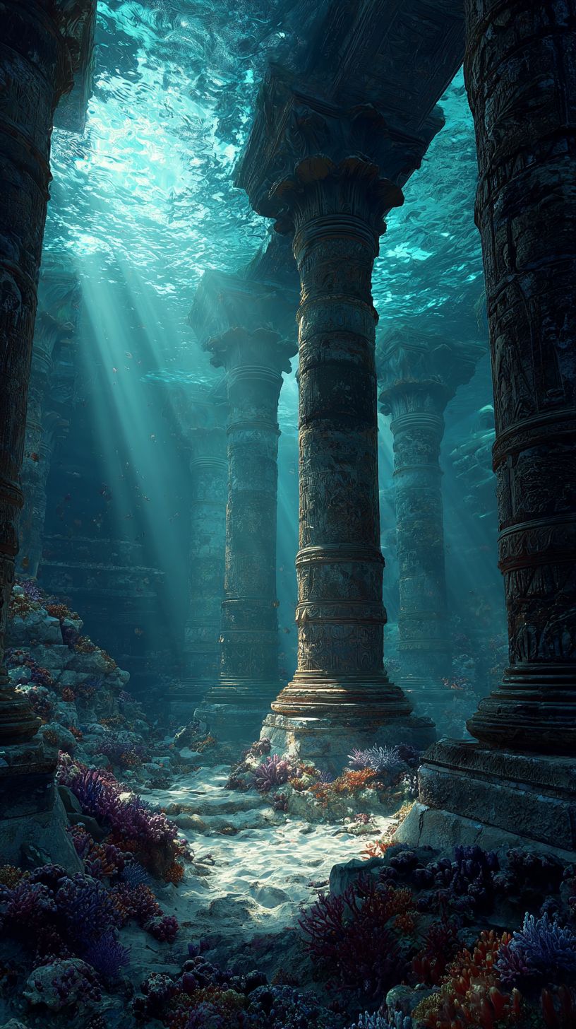 水下古廟的遺跡與陽光的神秘美感