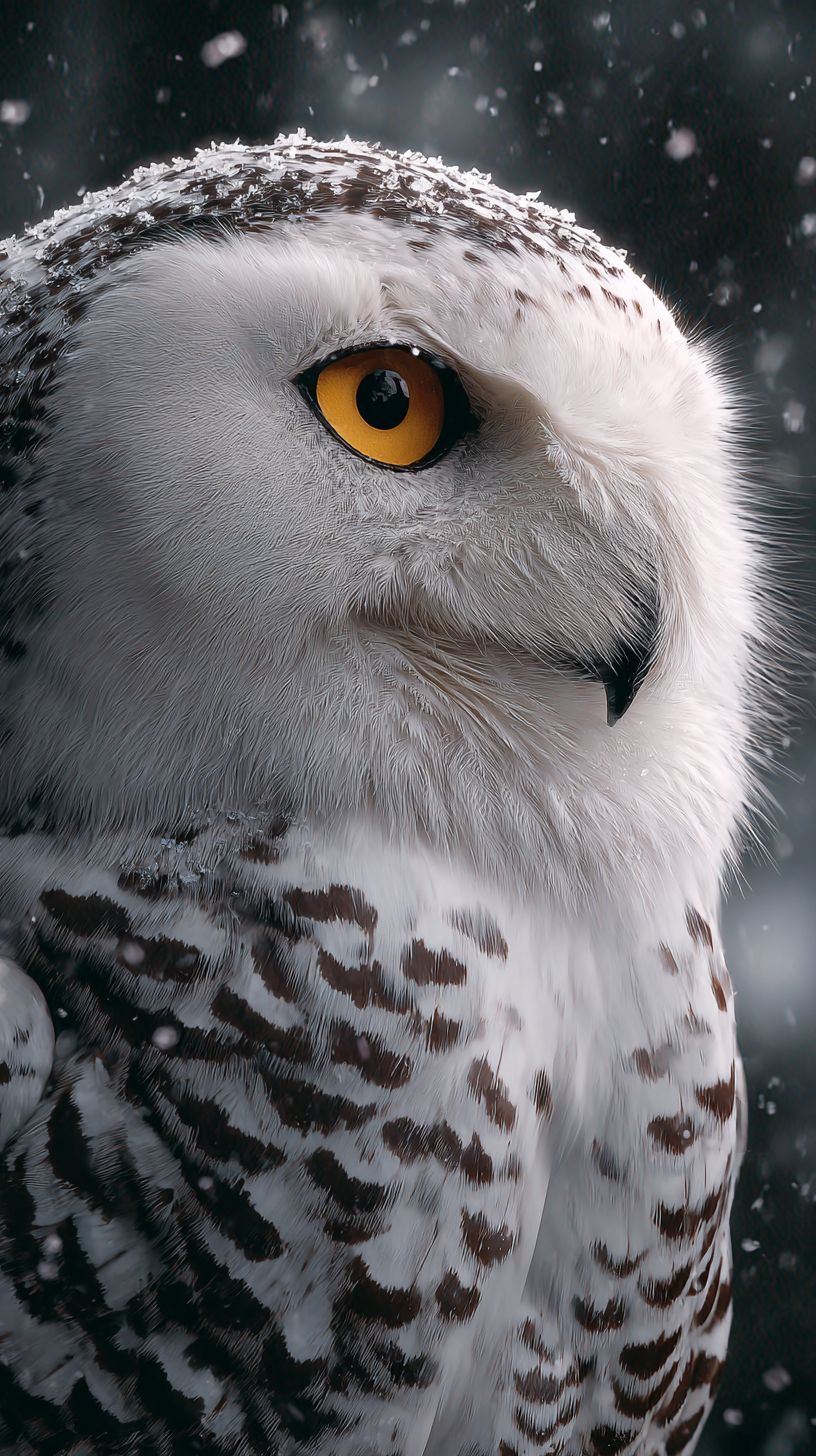 Gros plan d'un hibou des neiges mettant en valeur ses yeux jaunes et ses plumes détaillées