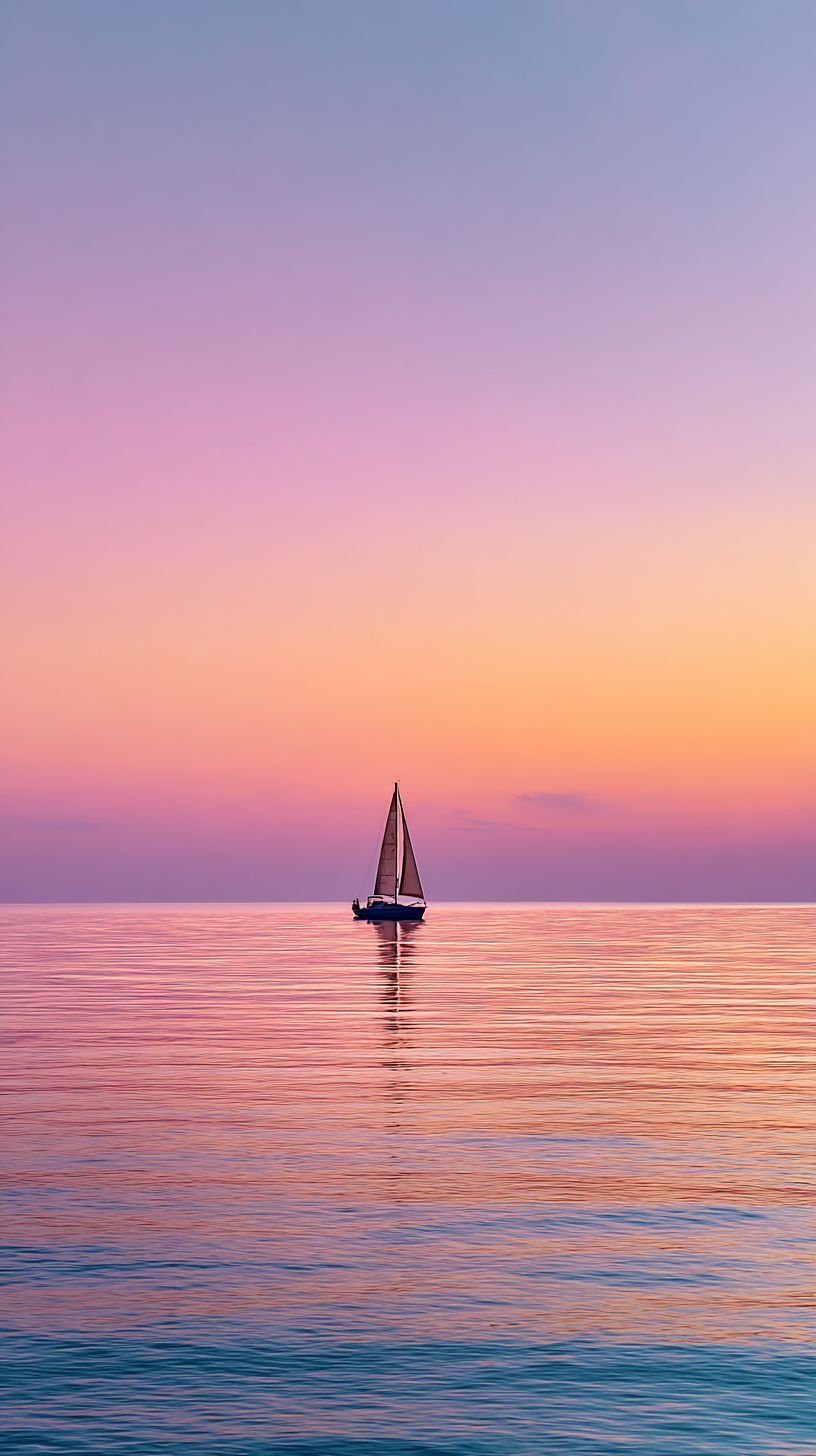 A tranquil ocean at dawn with a silhouette of a sailboat