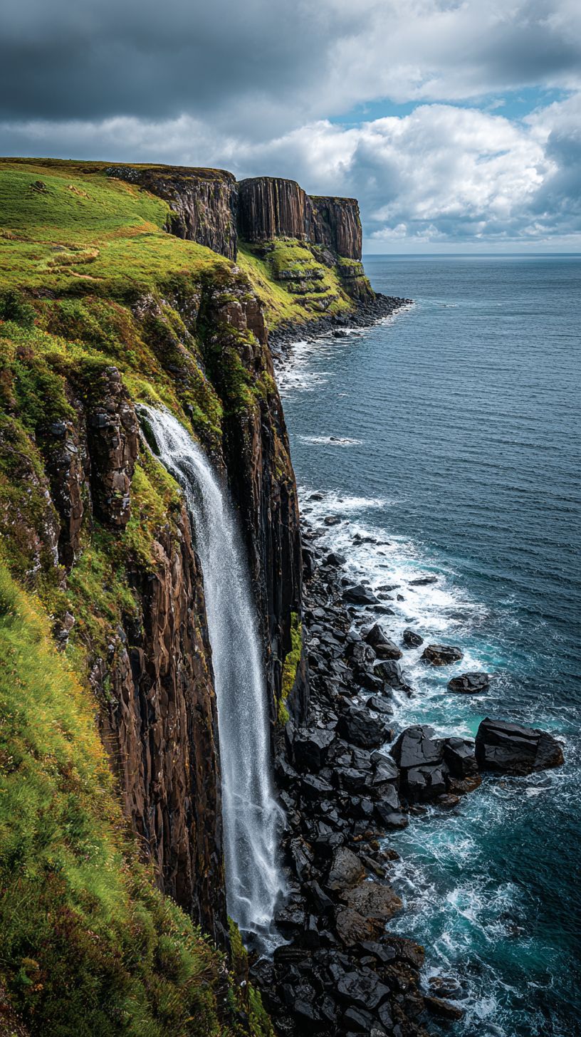 Cascada que cae en el acantilado del océano