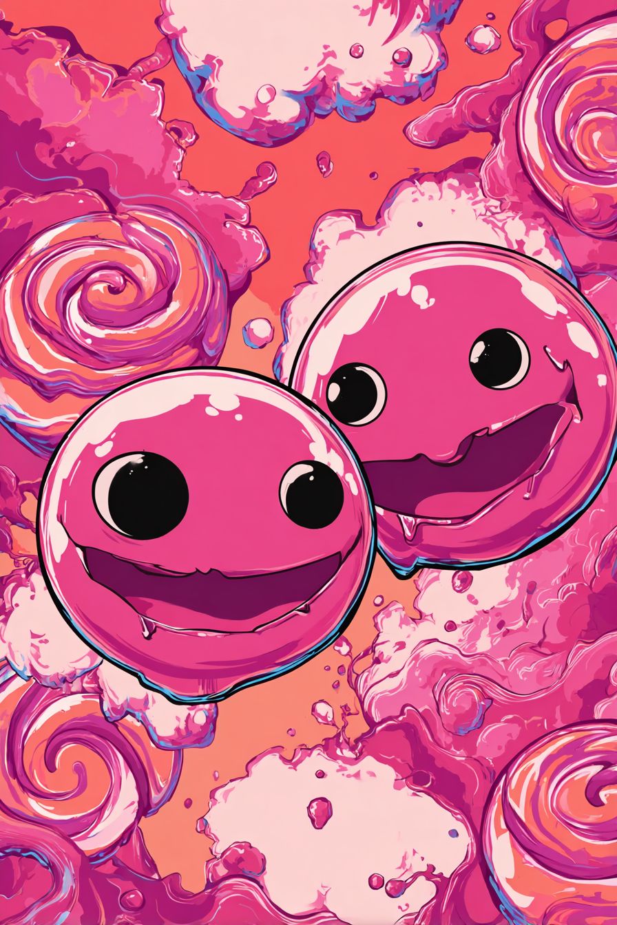 Pink candy characters with happy faces and a bright pink sky in an exaggerated cartoon style