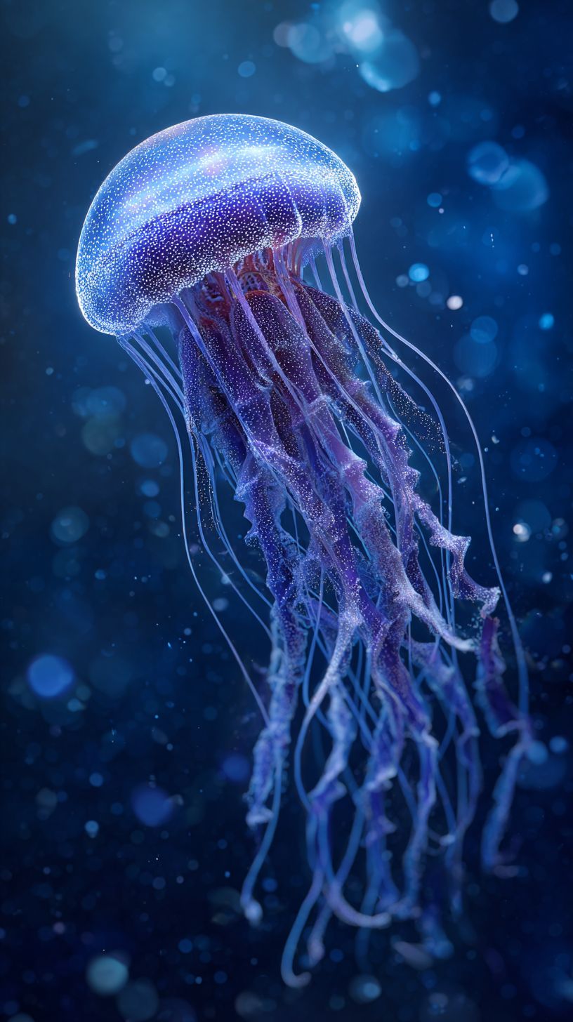 Kosmische Quallen, die in einem Sternenfeld mit leuchtenden, durchsichtigen Tentakeln in tiefem Lila und Blau schwimmen