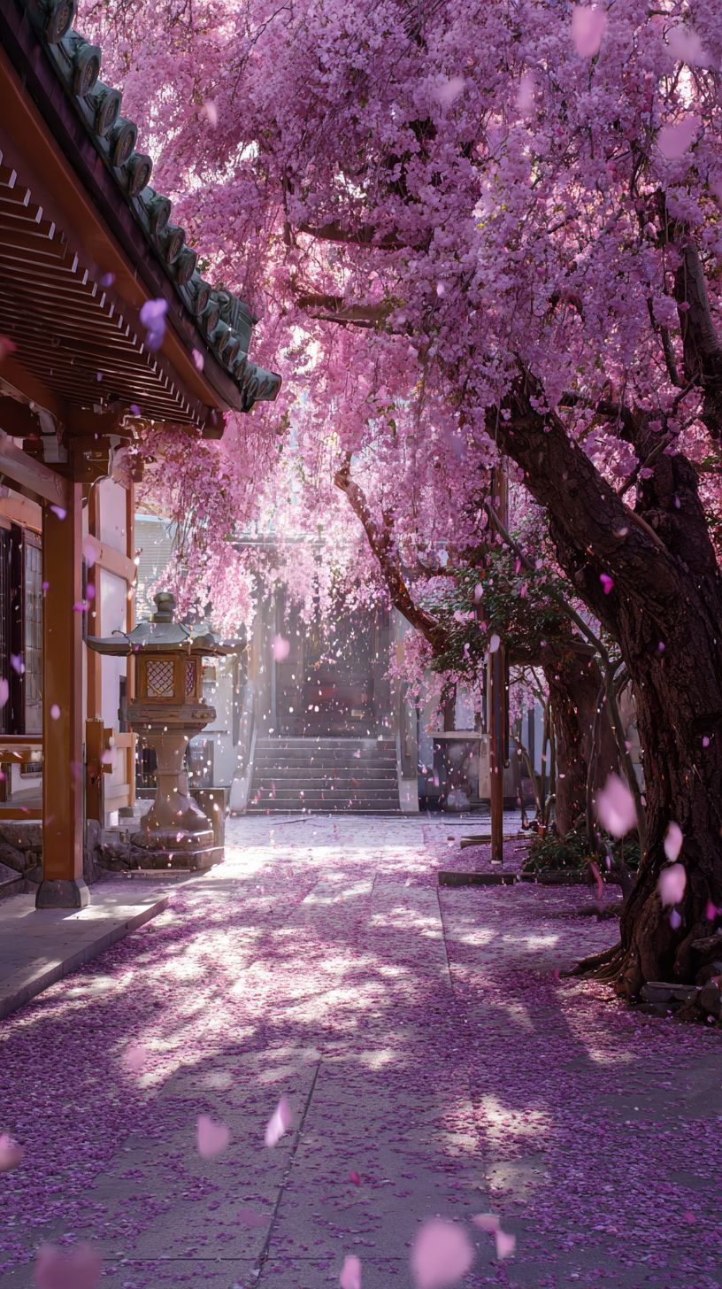 벚꽃이 흩날리는 일본 사찰 길