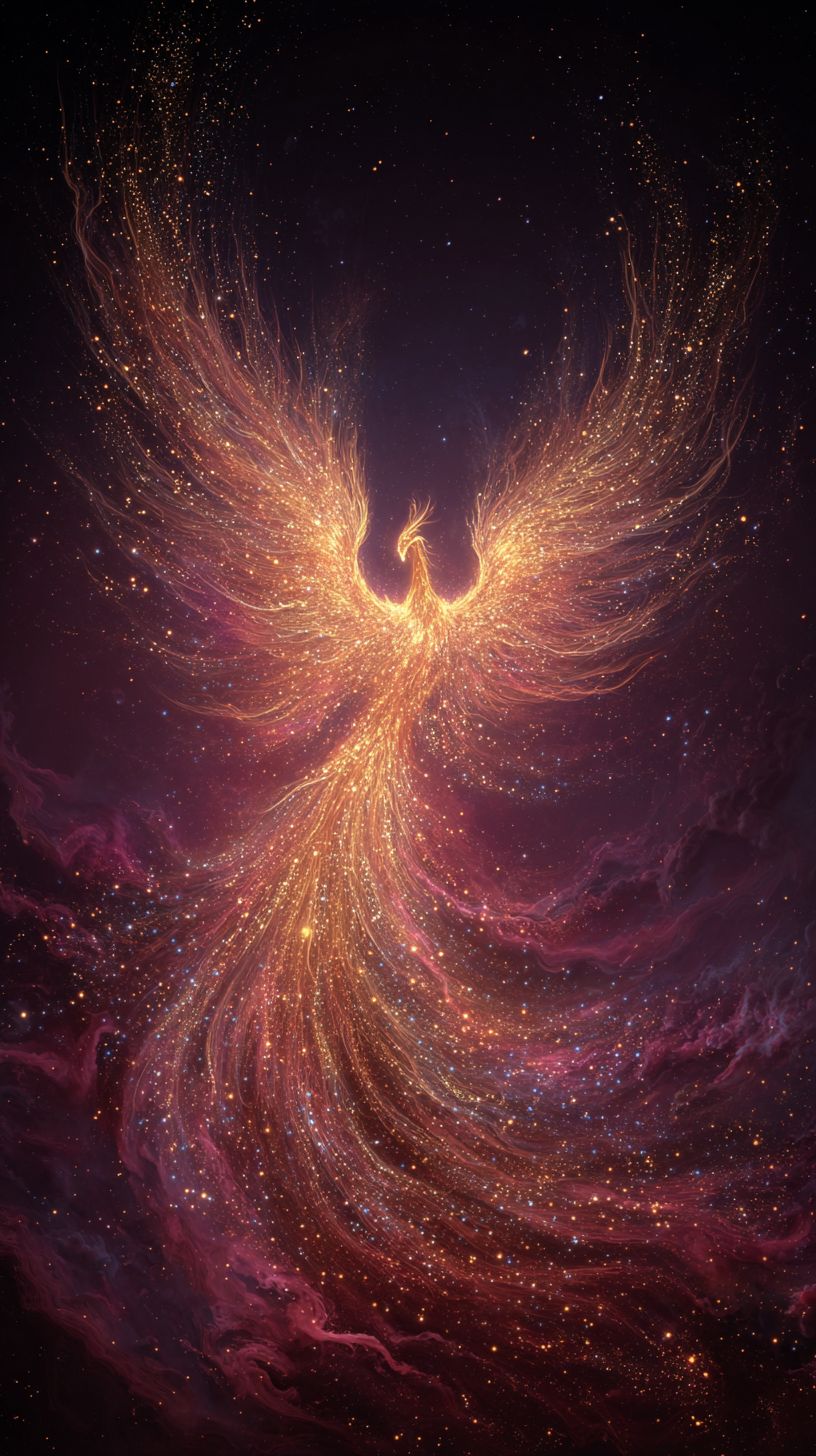 Mythical phoenix art made of stars and cosmic dust